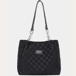 VINEY Textured Canvas Chain-Detail Tote Bag in black, front view