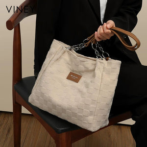 VINEY Textured Canvas Chain-Detail Tote Bag in white, hand carry
