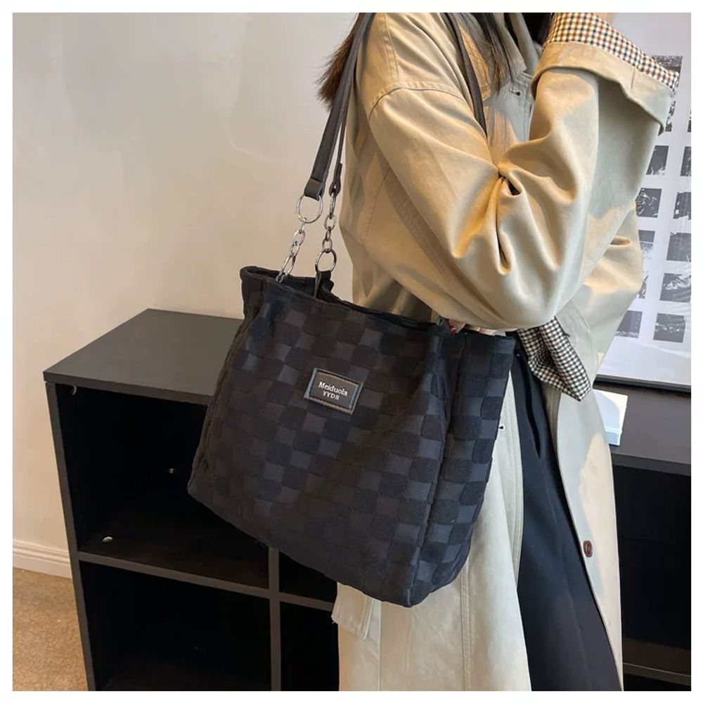 VINEY Textured Canvas Chain-Detail Tote Bag in black, shoulder carry