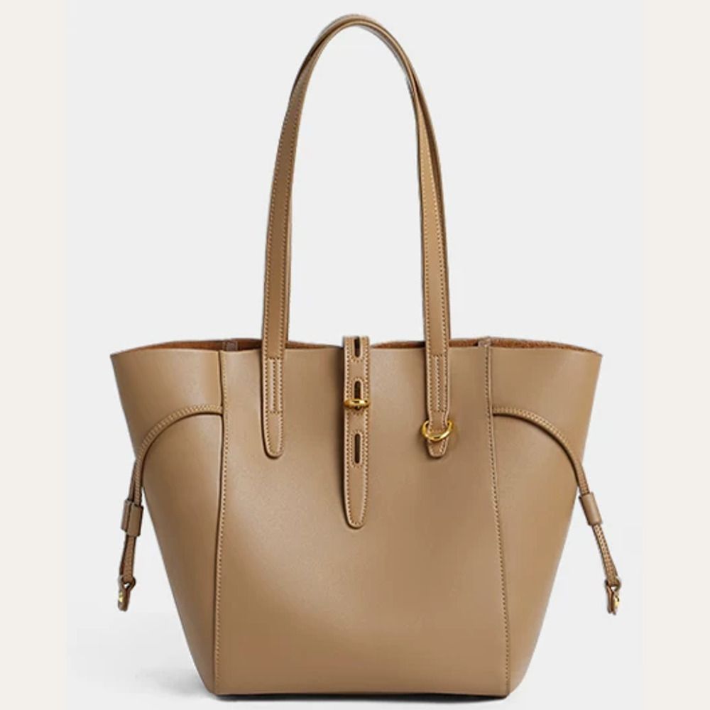VINEY Winged Leather Bucket Tote Bag in brown, loquat front