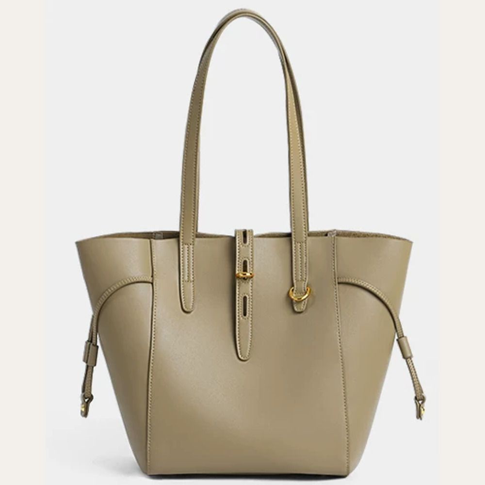 VINEY Winged Leather Bucket Tote Bag in khaki, front view