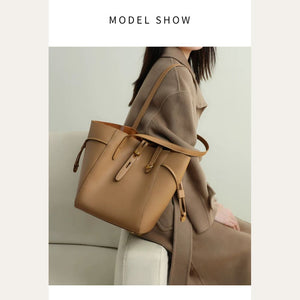 VINEY Winged Leather Bucket Tote Bag in brown, shoulder carry