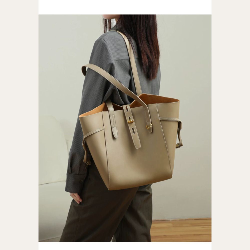 VINEY Winged Leather Bucket Tote Bag in khaki, shoulder carry