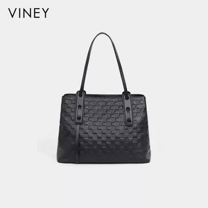 VINEY Woven Leather Commuter Tote Bag in black