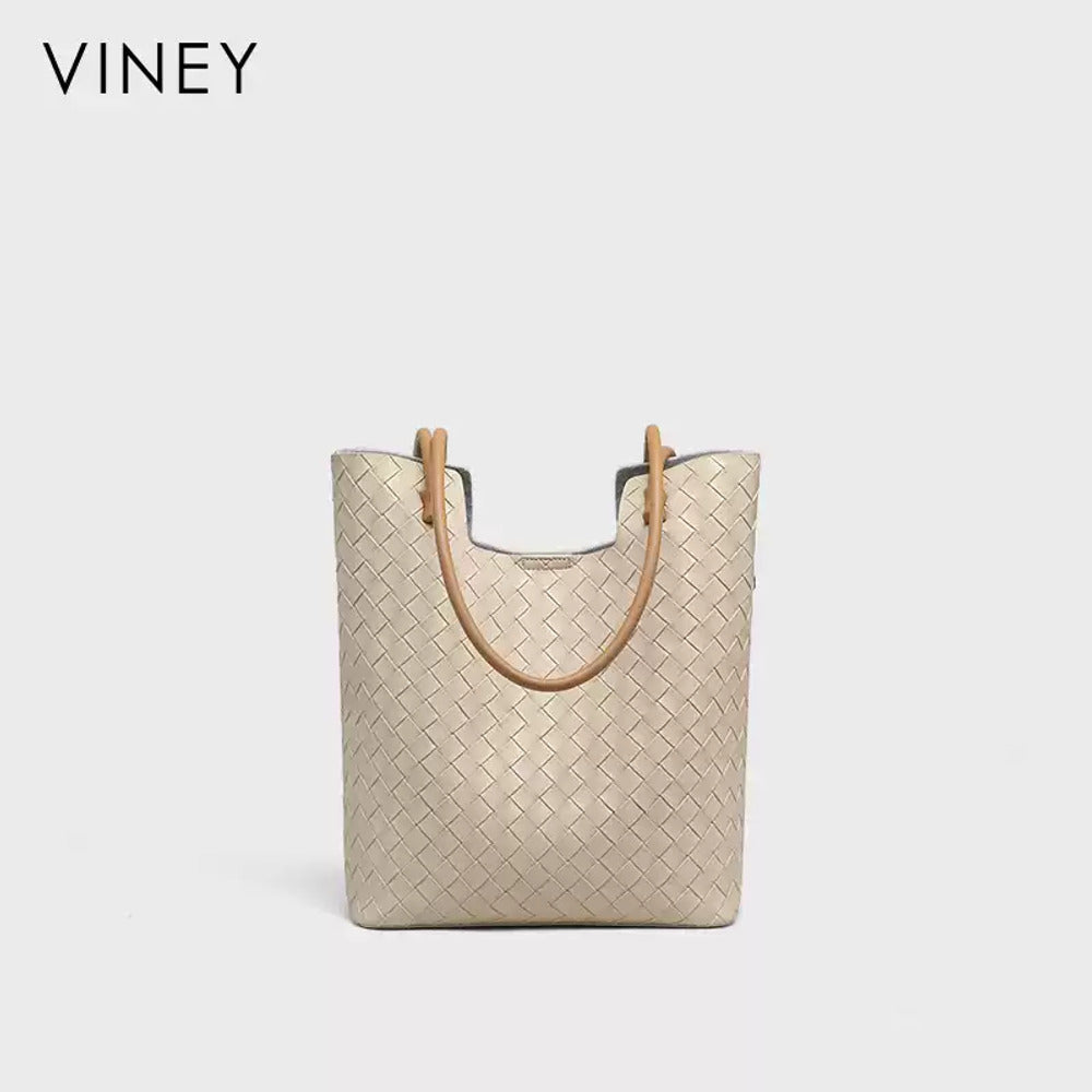 VINEY Tall Woven Leather Shoulder Tote Bag in beige, front view