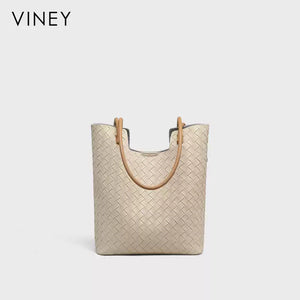 VINEY Tall Woven Leather Shoulder Tote Bag in beige, front view