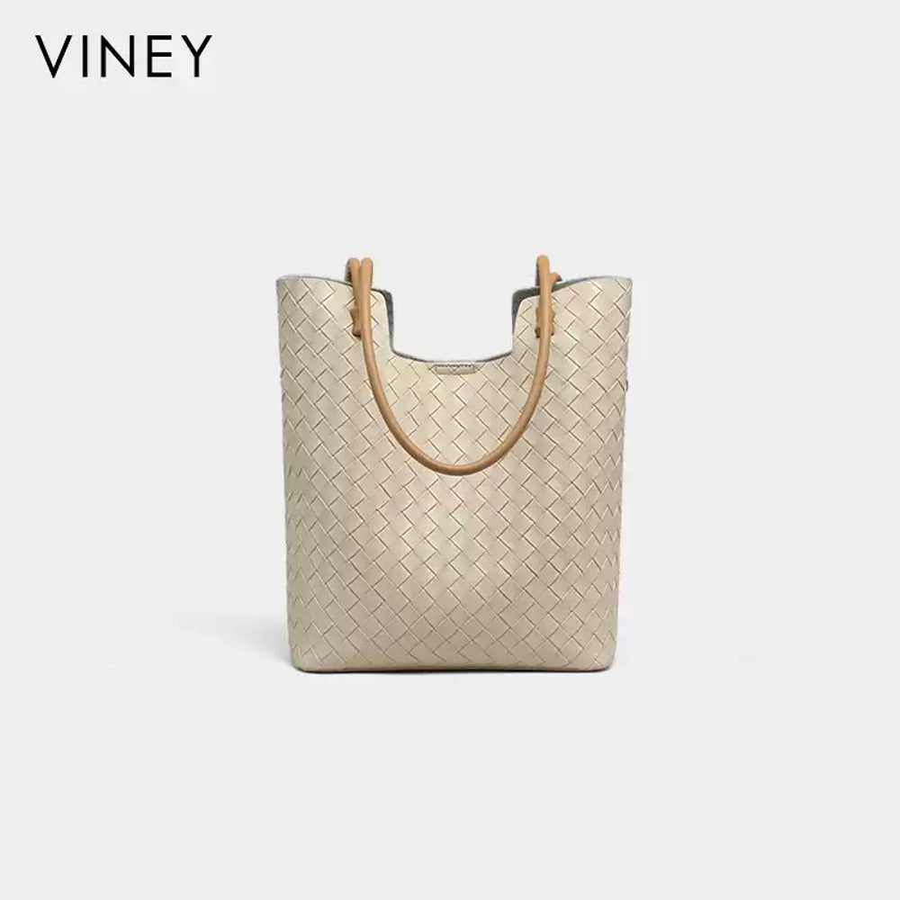 VINEY Tall Woven Leather Shoulder Tote Bag in beige, profile