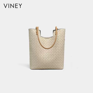 VINEY Tall Woven Leather Shoulder Tote Bag in beige, profile
