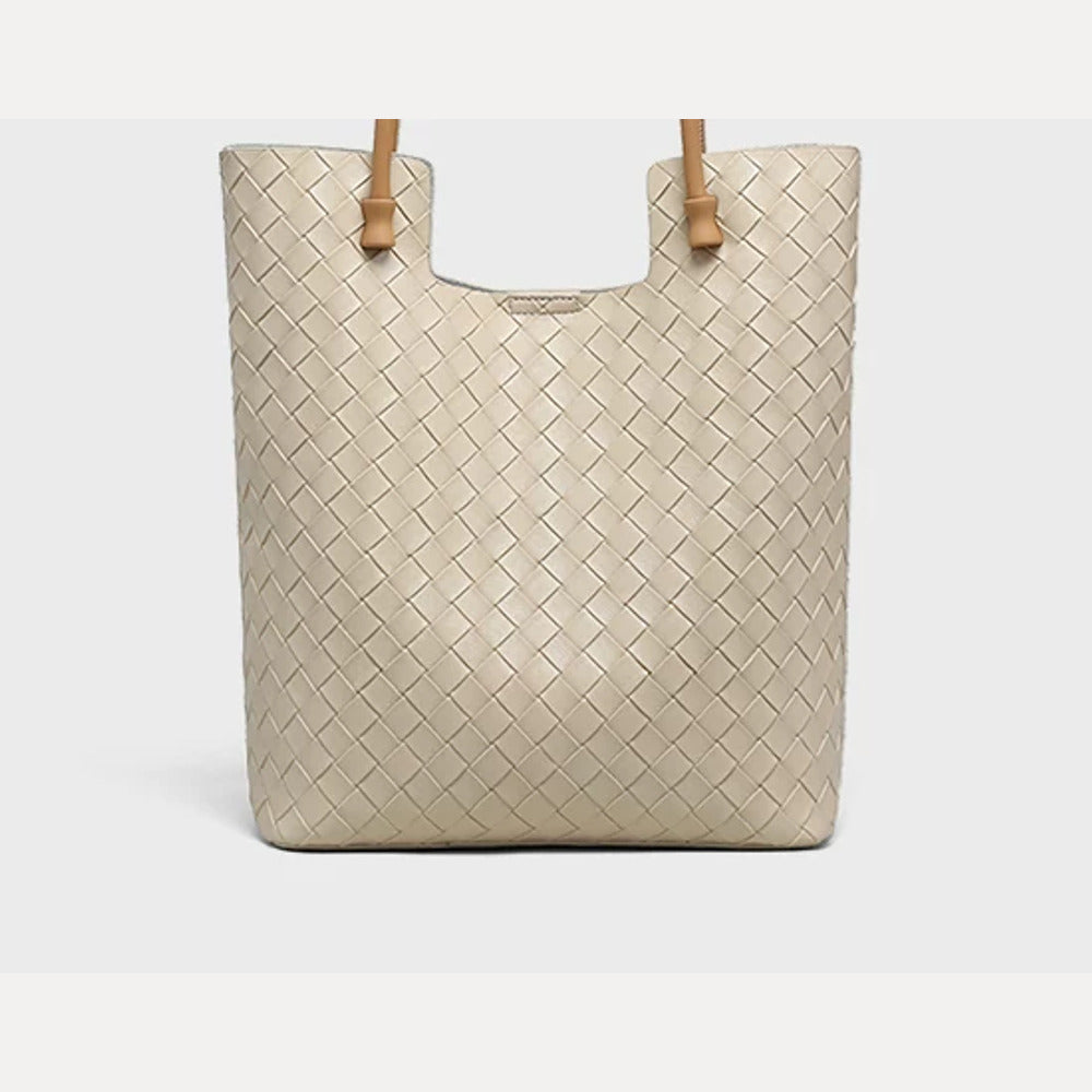 VINEY Tall Woven Leather Shoulder Tote Bag in beige, angle