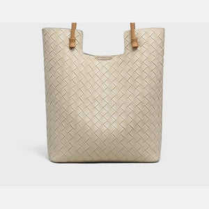 VINEY Tall Woven Leather Shoulder Tote Bag in beige, angle