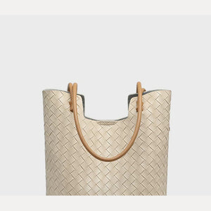 VINEY Tall Woven Leather Shoulder Tote Bag in beige, detail
