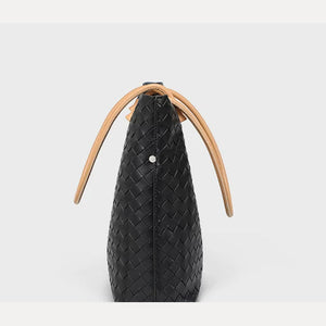 VINEY Tall Woven Leather Shoulder Tote Bag in black, side view