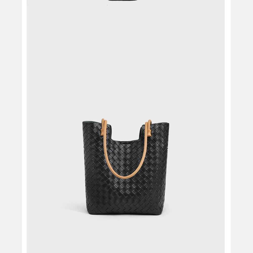 VINEY Tall Woven Leather Shoulder Tote Bag in black, profile
