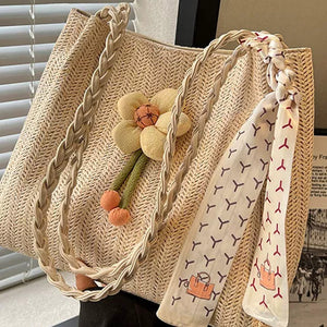 VINEY Woven Summer Tote Bag with Flower Charm, window-side view
