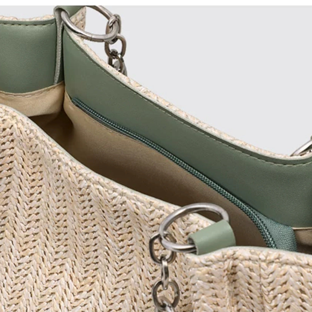 VINEY Lightweight Woven Summer Tote Bag, zipper detail